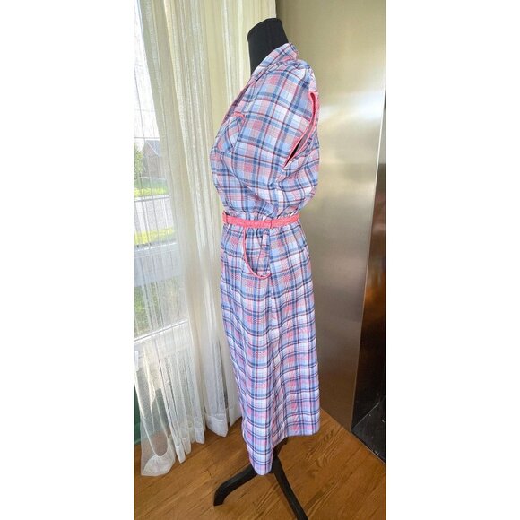 Vintage late 70s dress, pink blue plaid pattern, short sleeves, Ilan Fashions - Picture 3 of 10